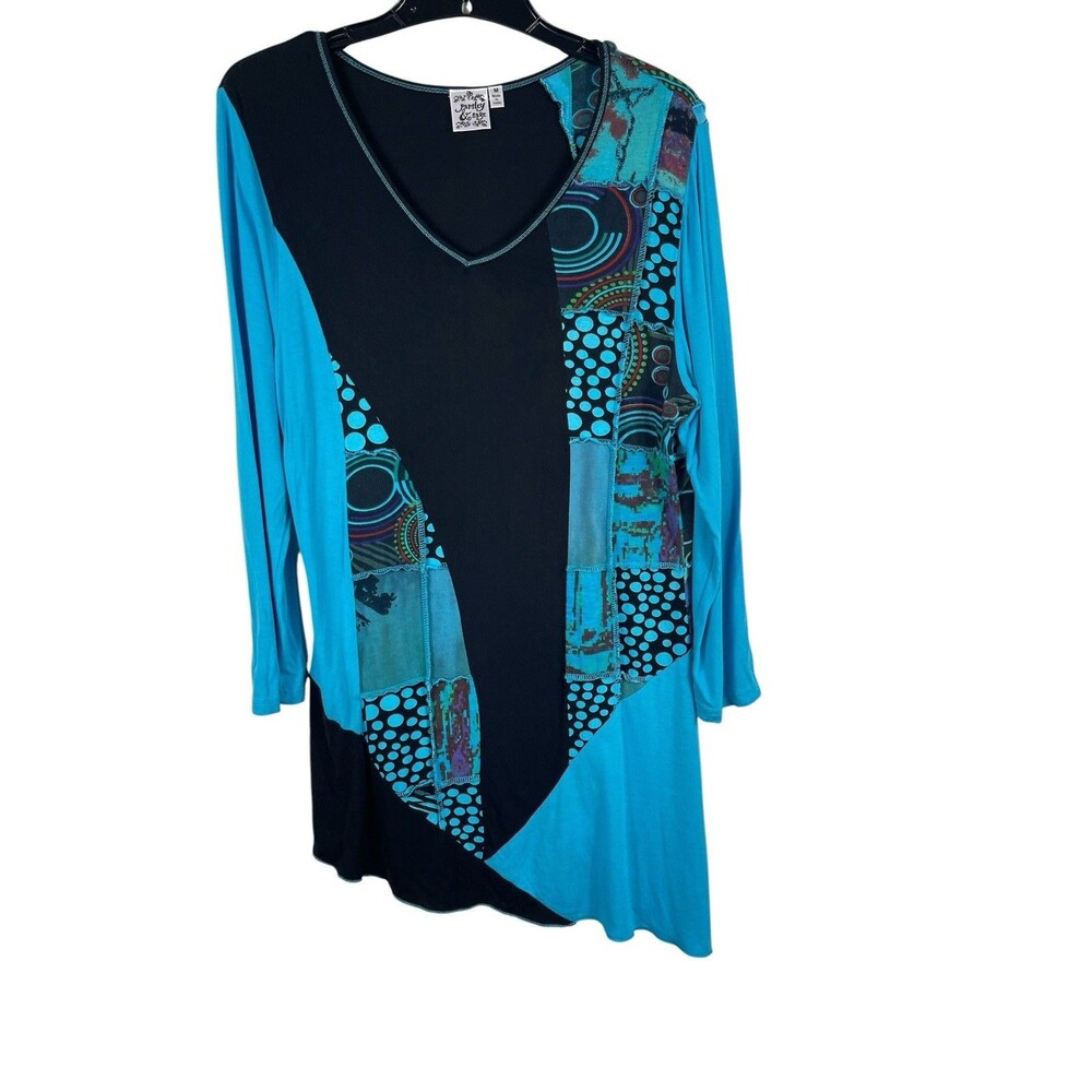 Parsley & Sage Womens M Tunic Top Blue Black Patchwork Art to Wear Asymmetrical